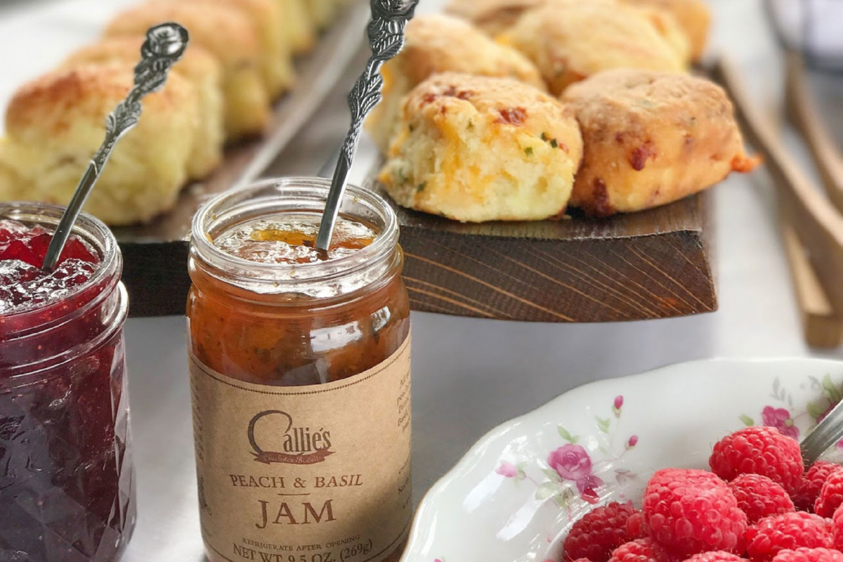 Callie’s Hot Little Biscuit peach & basil jam, buscuits and raspberries